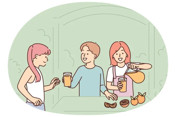 Children sell fresh lemonade to friends standing in small street shop near trees  Illustration
