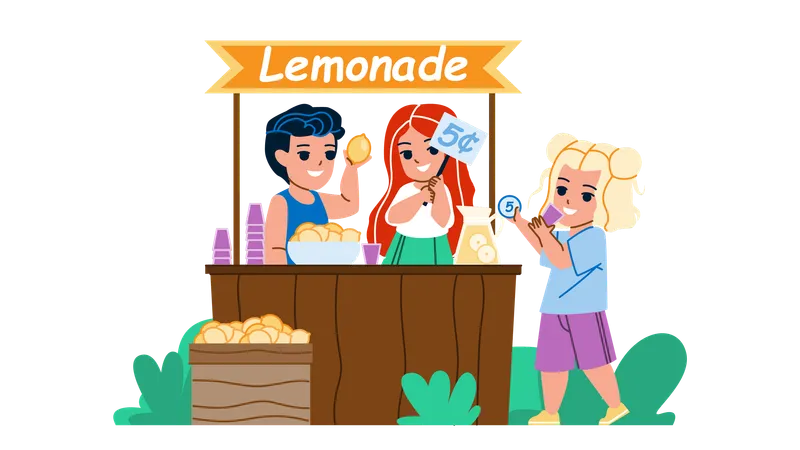 Children Selling Lemonade Drink Outdoor  일러스트레이션