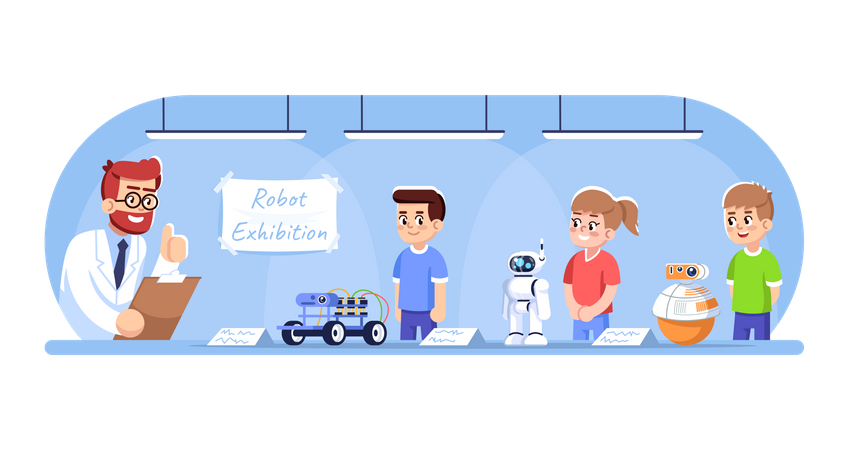 Children showing their robots on exhibition  イラスト