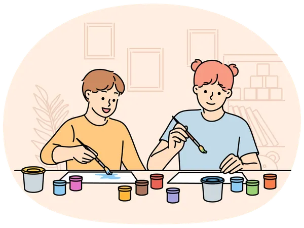 Children sit at table doing joint creativity draw pictures using watercolor or gouache  Illustration