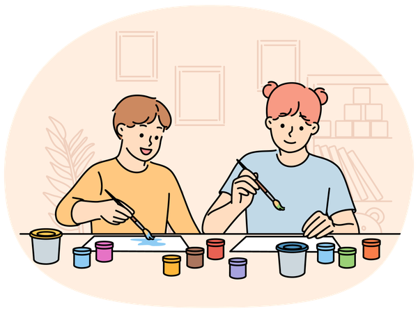 Children sit at table doing joint creativity draw pictures using watercolor or gouache  Illustration
