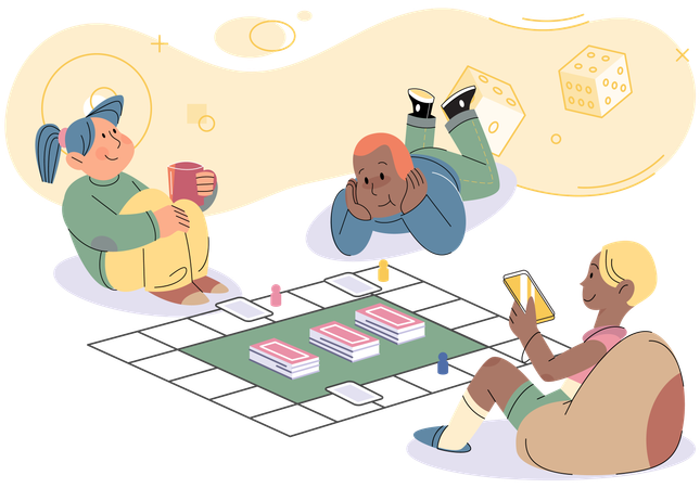 Children sitting on floor and playing board game at home  Illustration