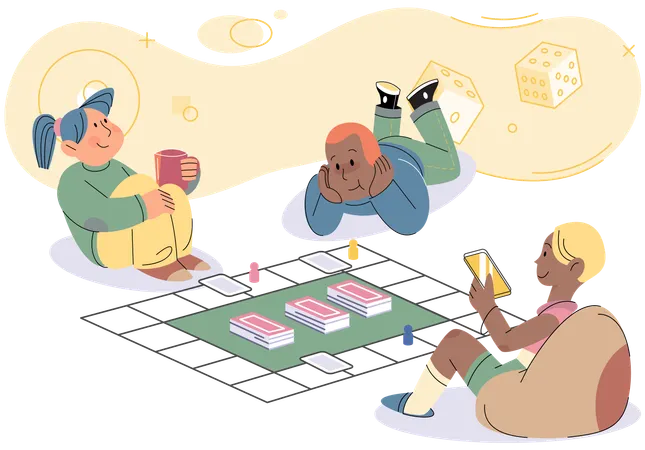 Children sitting on floor and playing board game at home  Illustration