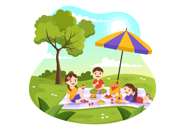 Children sitting on green grass in nature on summer vacation  일러스트레이션