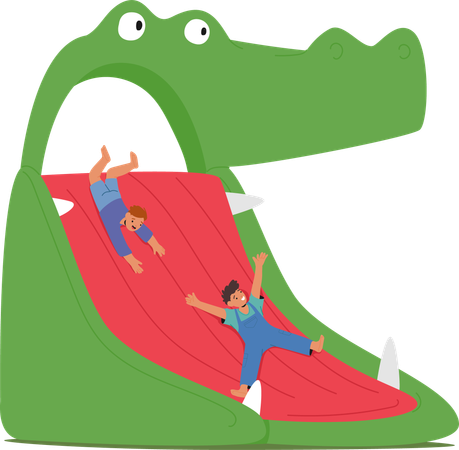 Children Slide Down Crocodile shaped Slide In Amusement Park  Illustration