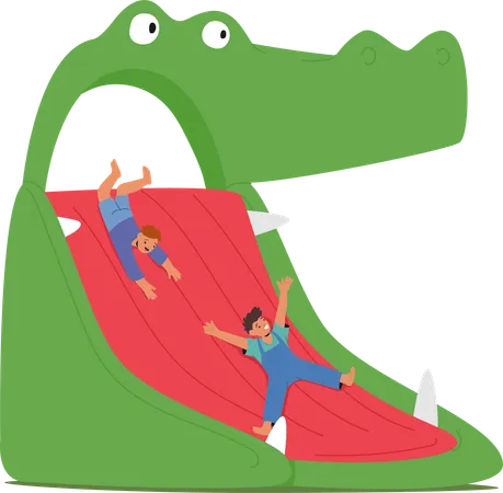 Children Slide Down Crocodile shaped Slide In Amusement Park  Illustration