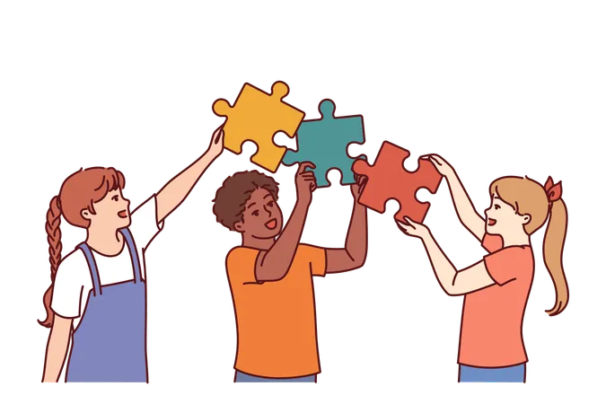 Diverse Kids Hold Puzzle Pieces As Together Solve Problem Together And Demonstrate Teamwork In Learning Process Friendly Multiethnic Kids Learn Communication And Collaboration To Achieve Goals Illustration
