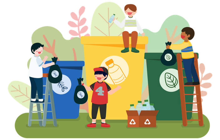 Children sorting garbage according to different recycle bin Illustration