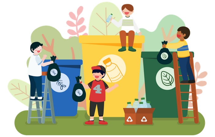 Children sorting garbage according to different recycle bin  Illustration