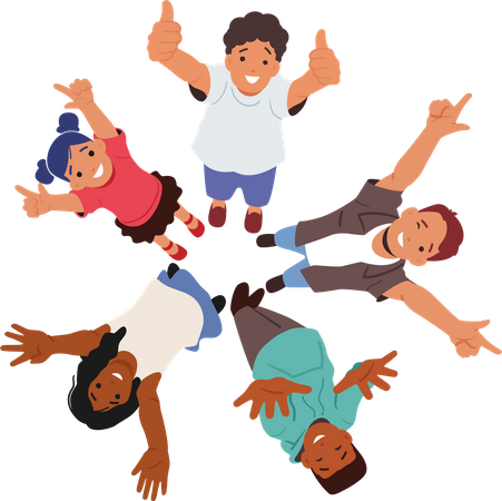 Children stand in circle look up and laugh Illustration