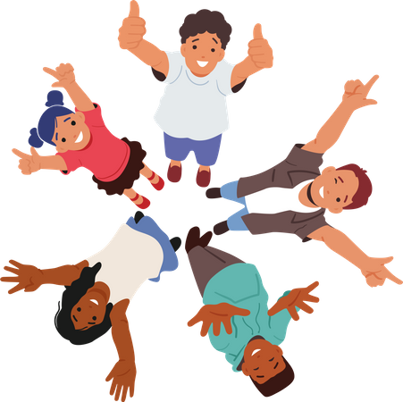 Children stand in circle look up and laugh  Illustration