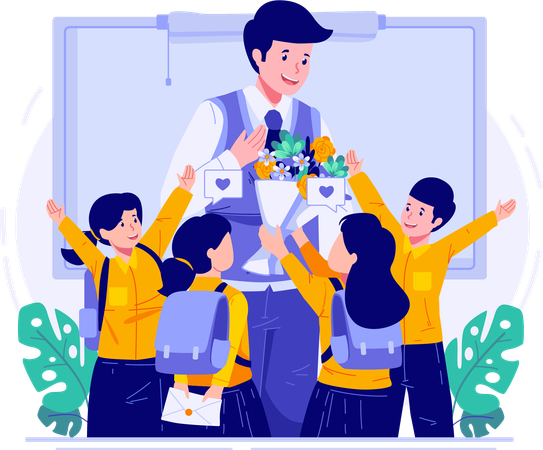 Children Students Congratulating Their Male Teacher and Giving a Bouquet of Flowers  Illustration