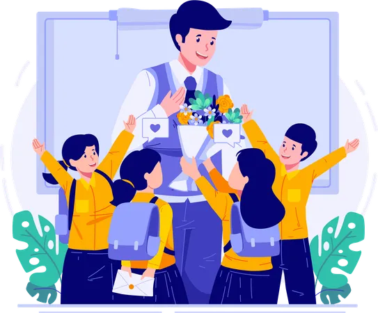 Children Students Congratulating Their Male Teacher and Giving a Bouquet of Flowers  Illustration