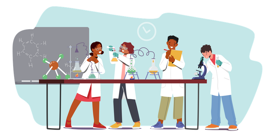 Children Study Chemistry In Classroom With Test Tubes  Illustration