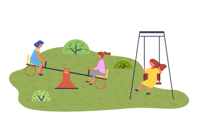 Children summer playground with slide swings in modern kindergarten  Illustration
