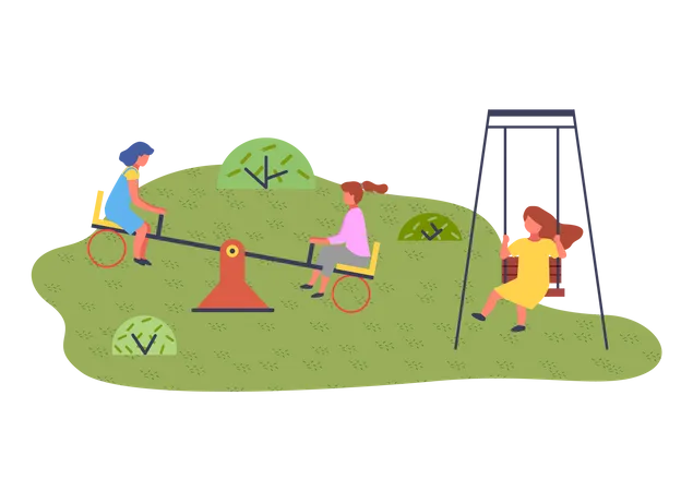 Children summer playground with slide swings in modern kindergarten  Illustration