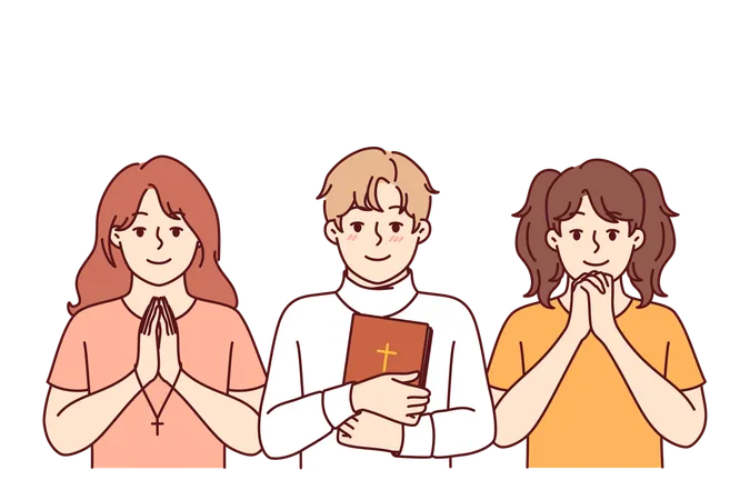 Children Sunday School Students Make Prayer Gestures And Hold Holy Bible Or Christian Crosses In Hands Christian Children From Catholic Or Orthodox Fold Learn To Perform Religious Rituals Illustration
