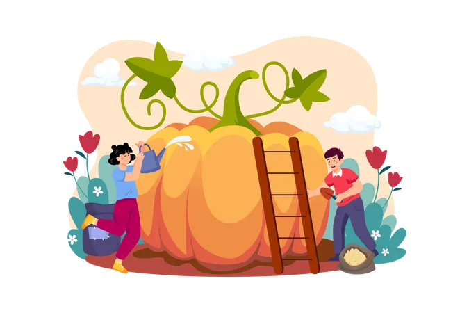 Children Take Care Of Pumpkins For Thanksgiving Day  Illustration