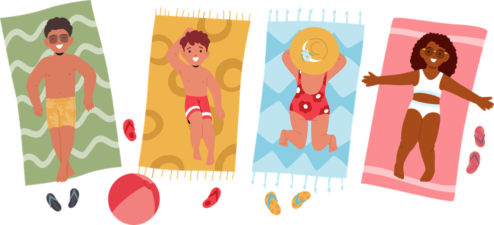 Children Taking Sunbathing At Beach  Illustration