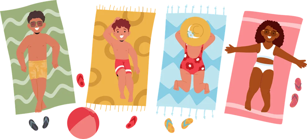 Children Taking Sunbathing At Beach  Illustration