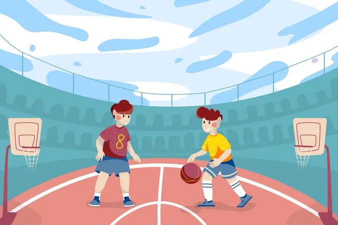 Children Team Playing Basketball At Stadium Background Happy Boys In Uniforms Run With Ball Across Field Sports Tournament Training Or League Competition Vector Illustration In Flat Cartoon Design Illustration