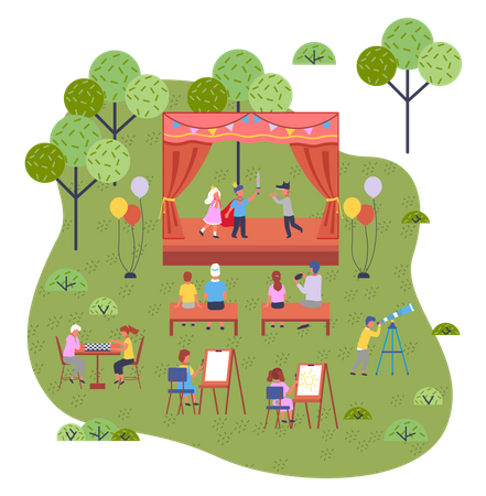 Children theatrical performance on the stage in the open playground  Illustration