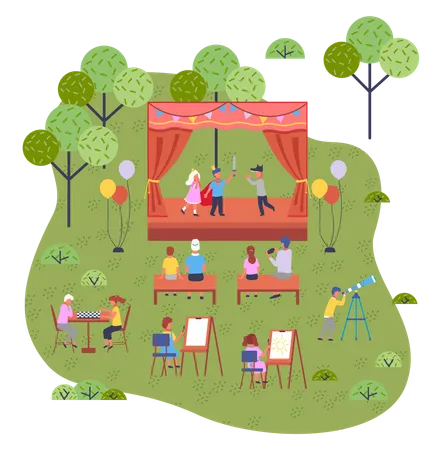 Children theatrical performance on the stage in the open playground  Illustration