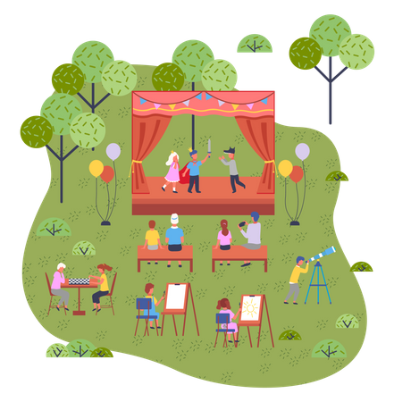 Children theatrical performance on the stage in the open playground  Illustration