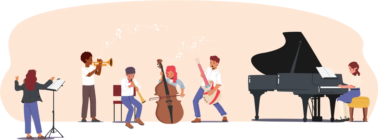 Children Training on Lesson in Music School or Performing on Philharmonic Stage  Illustration