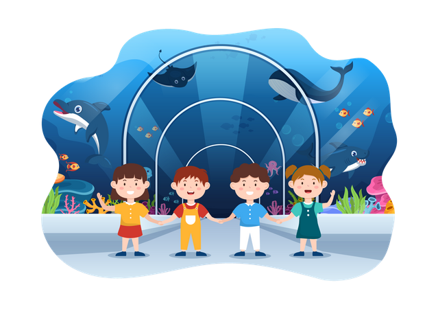 Children visiting fish aquarium Illustration