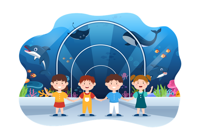 Children visiting fish aquarium  Illustration