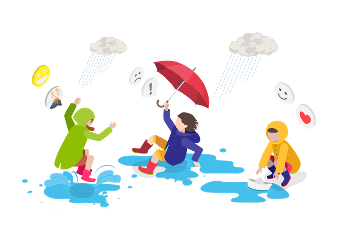 Children Walking Outdoors In Rain  Illustration