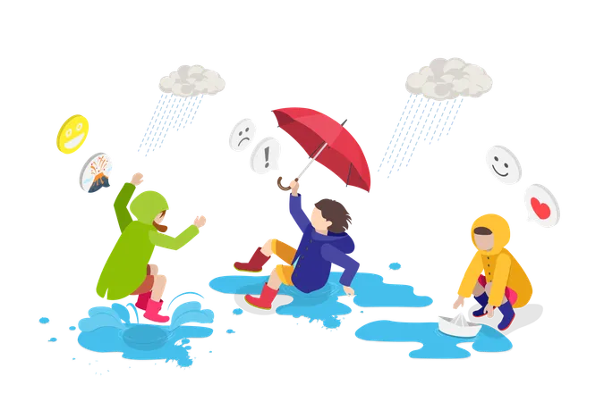 Children Walking Outdoors In Rain  Illustration