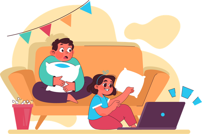 Children watching  movie at home on laptop  イラスト