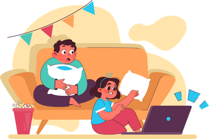 Children watching  movie at home on laptop  Illustration