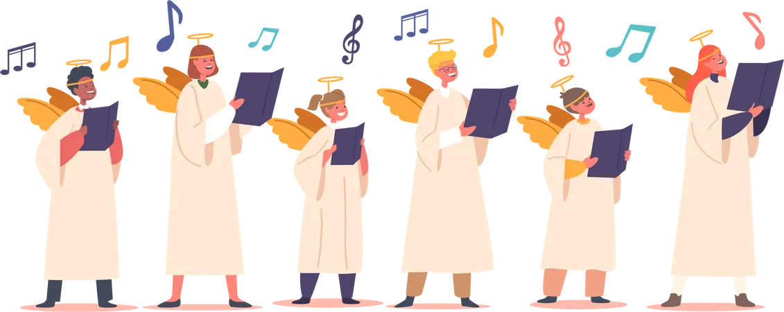 Children Wear Angel Costumes Sing Harmoniously In Choir  Illustration