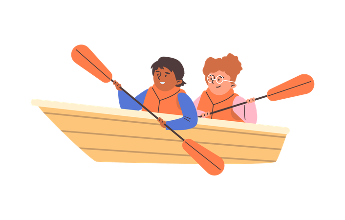 Children wearing life jackets row  boat  Illustration