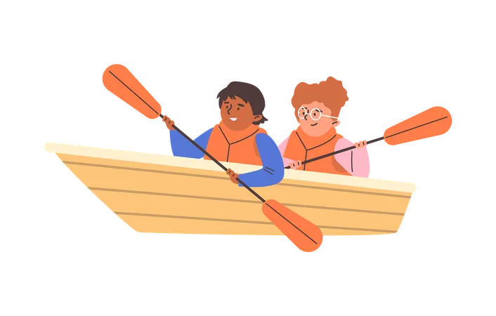Children wearing life jackets row  boat  Illustration