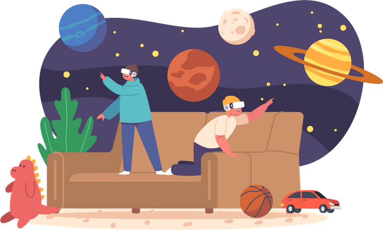 Children wearing VR headsets explore space  Illustration