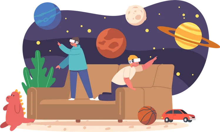 Children wearing VR headsets explore space  Illustration