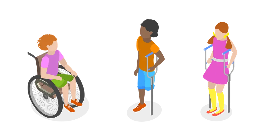 3 D Isometric Flat Vector Conceptual Illustration Of Children With Cerebral Palsy Support For Kids With Health Problems Illustration