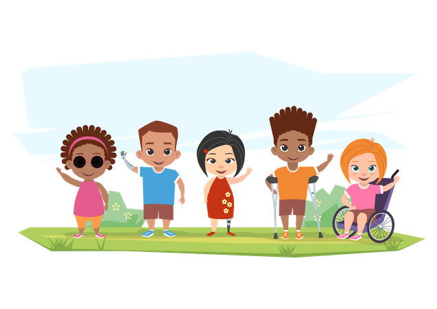 Children with different disabilities waiving their hands  Illustration