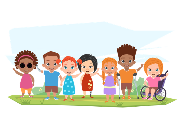 Children with disabilities standing together Illustration