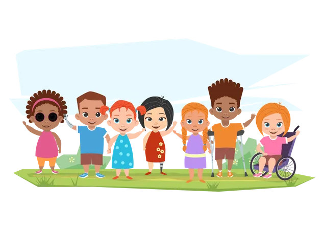 Children with disabilities standing together  Illustration