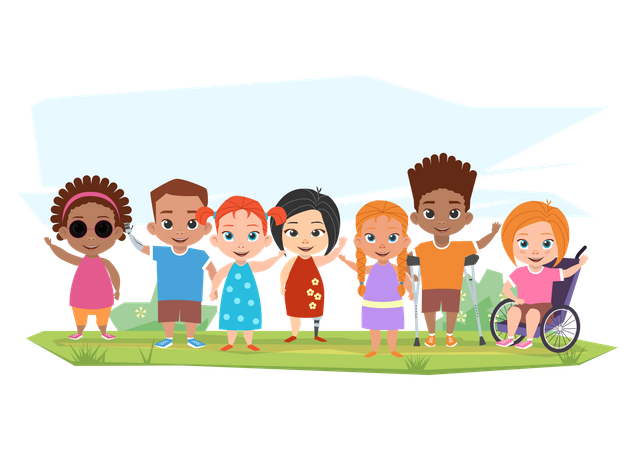 Children with disabilities standing together  Illustration