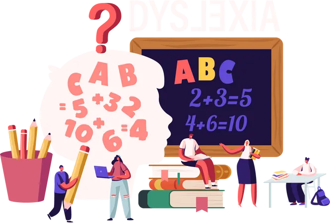 Children With Dyslexia Disorder Study In Special School Tiny Kids Characters Listen Teacher In Class Front Of Huge Blackboard With Stationery Around And Child Head Cartoon People Vector Illustration Illustration