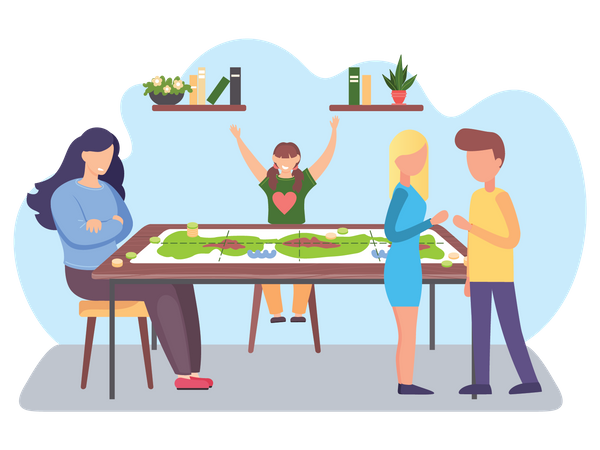 Children with parents play a board game  Illustration