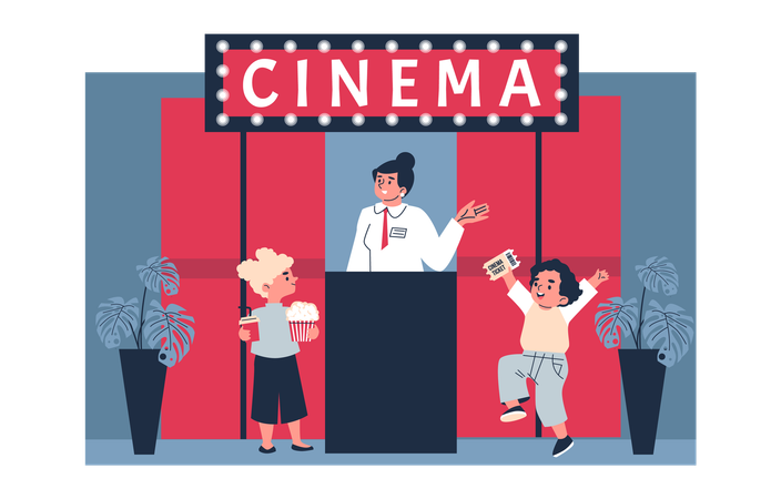 Children with popcorn and a drink in their hands buying a ticket  Illustration