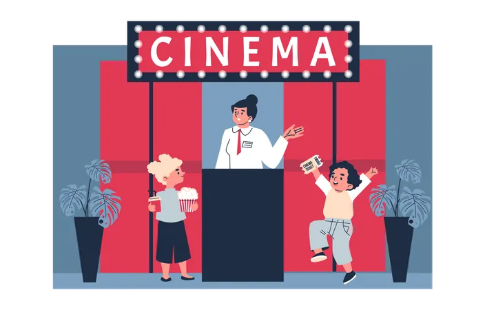 Children with popcorn and a drink in their hands buying a ticket  Illustration