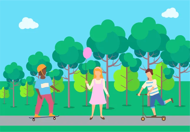 Boys With Skateboard And Scooter Girl Holding Balloon Teenagers In Casual Clothes Playing In Park Near Trees Children Activity Outdoor Healthy Vector Illustration